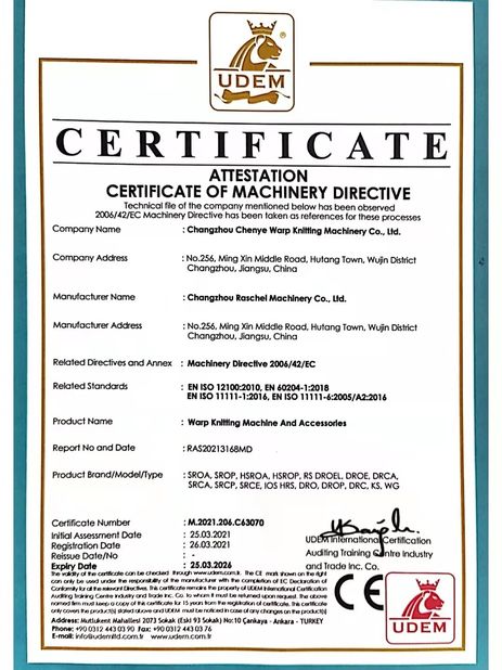 ΚΙΝΑ Changzhou Chenye Warp Knitting Machinery Co., Ltd. Πιστοποιήσεις